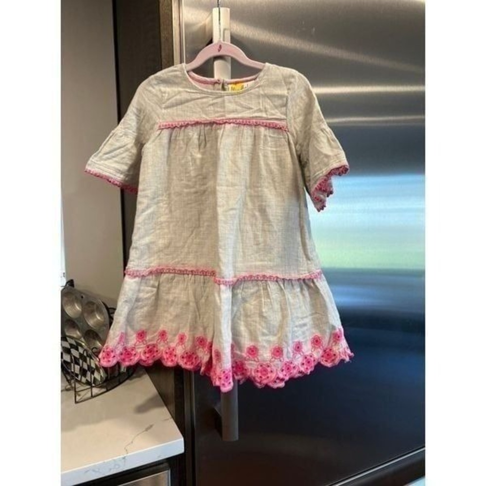 Mini Boden | Linen Embroidered Dress Pink Accents girls 5-6